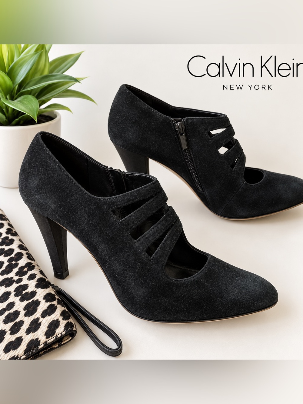 Calvin Klein Black Suede Cutout Heeled Booties Size 7